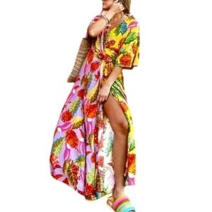 Farm Rio Anthropologie Womens M Mixed Beaks & Bananas Maxi Wrap Dress NWT